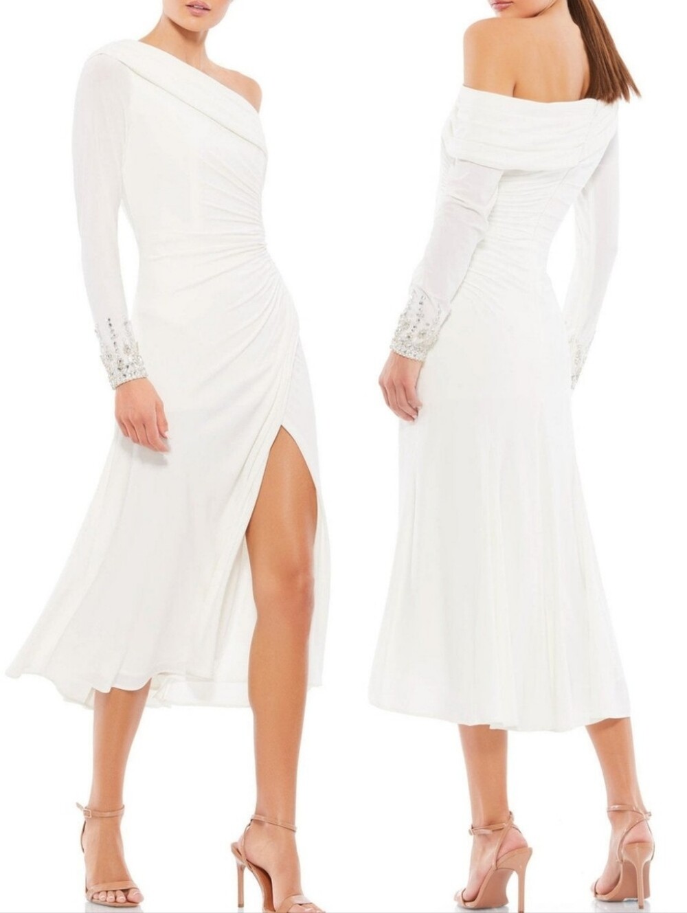 Ieena for Mac Duggal 26485 White Long Sleeve Jewel One Shoulder Midi Dress 0 NWT